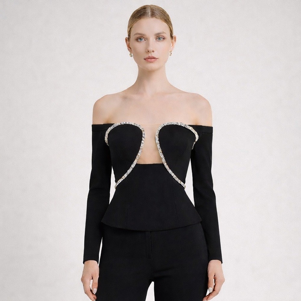 Self Portrait Off Shoulder Crystal Embellished‎ Top Revolve NWOT Women 8 Black